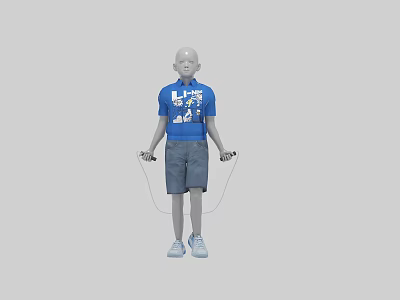 Man Wearing Blue T Shirt Gray Shorts Holding Jump Rope with Light Blue Shoes 3d model