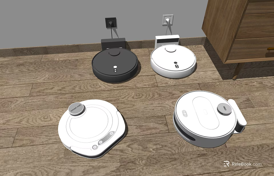 Four Black and White Robotic Vacuum Cleaners on Wooden Floor with Power Outlets and Cabinet 3d model 