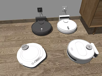 Four Black and White Robotic Vacuum Cleaners on Wooden Floor with Power Outlets and Cabinet 3d model