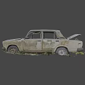 Old Rusty Abandoned Car With Open Hood And Overgrown Weeds