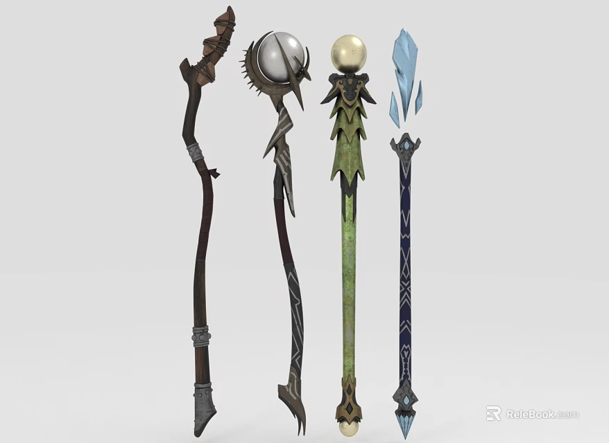 Fantasy Magic Staffs Collection With Diverse Designs And Decorative Elements 3d model 