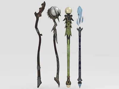 Fantasy Magic Staffs Collection With Diverse Designs And Decorative Elements 3d model