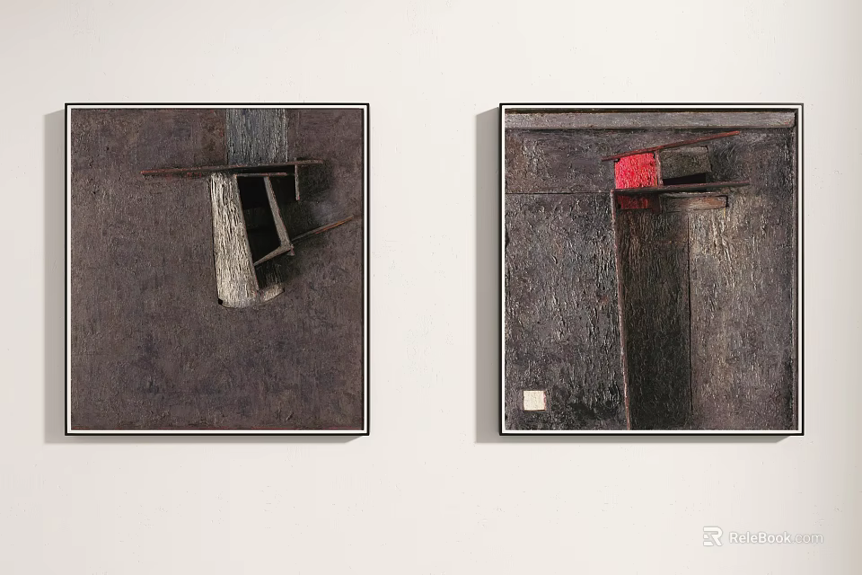 Two Abstract Paintings With Geometric Design Hanging On White Wall Interior 3d model 