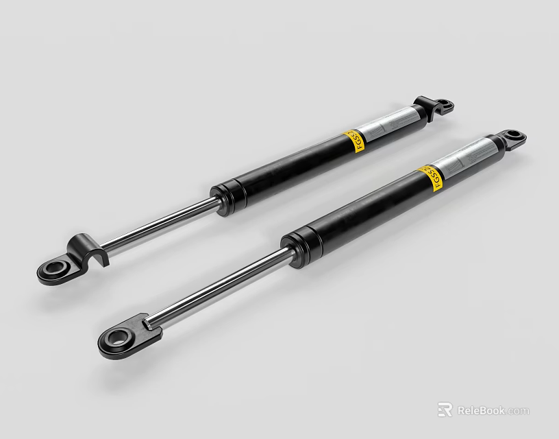 Two Black Shock Absorbers With Silver Rods And Yellow Labels On Gray Background 3d model 