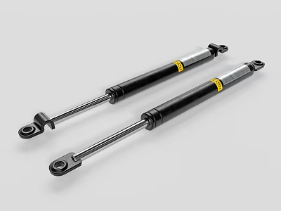 Two Black Shock Absorbers With Silver Rods And Yellow Labels On Gray Background 3d model