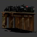 Model Train on Curved Wooden Track with Colorful Carriages and Support Pillars