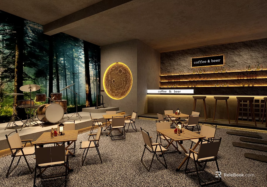 Modern Perfect Bar Interior With Forest Backdrop Circular Decoration Tables Chairs And Bar Counter 3d model 