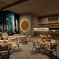Modern Perfect Bar Interior With Forest Backdrop Circular Decoration Tables Chairs And Bar Counter