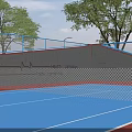 Outdoor Fitness Sports Court Blue Surface Wall With Health Management Text Heartbeat Line And Trees