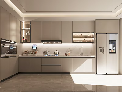 Modern Kitchen Interior With White Cabinets Built-in Appliances Countertop And Lighting 3d model