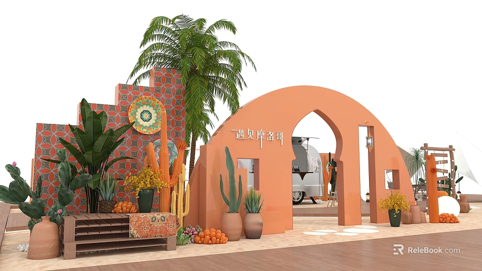 Vibrant Outdoor Decor With Orange Arch Palm Tree Succulents And Terracotta Pots 3d model 
