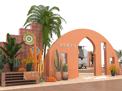 Vibrant Outdoor Decor With Orange Arch Palm Tree Succulents And Terracotta Pots 3d model