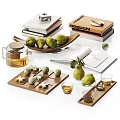 Elegant Decorative Ornament Set With Wooden Tray Pear Accents Tea Cups And Books