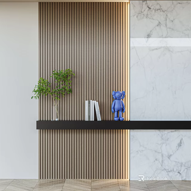 Bed Accent Wall With Wooden Slats Shelf Green Plant Books Blue Figurine 3d model 