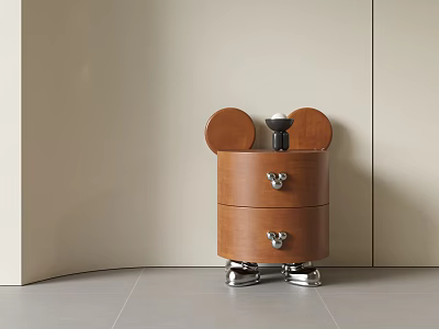 Brown Bedside Table With Round Top Design Two Drawers Silver Handles And Metal Legs 3d model