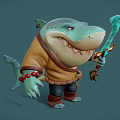 Cartoon Shark Character Holding Glowing Blue Weapon Dressed In Brown Shirt With Red Bead Bracelet