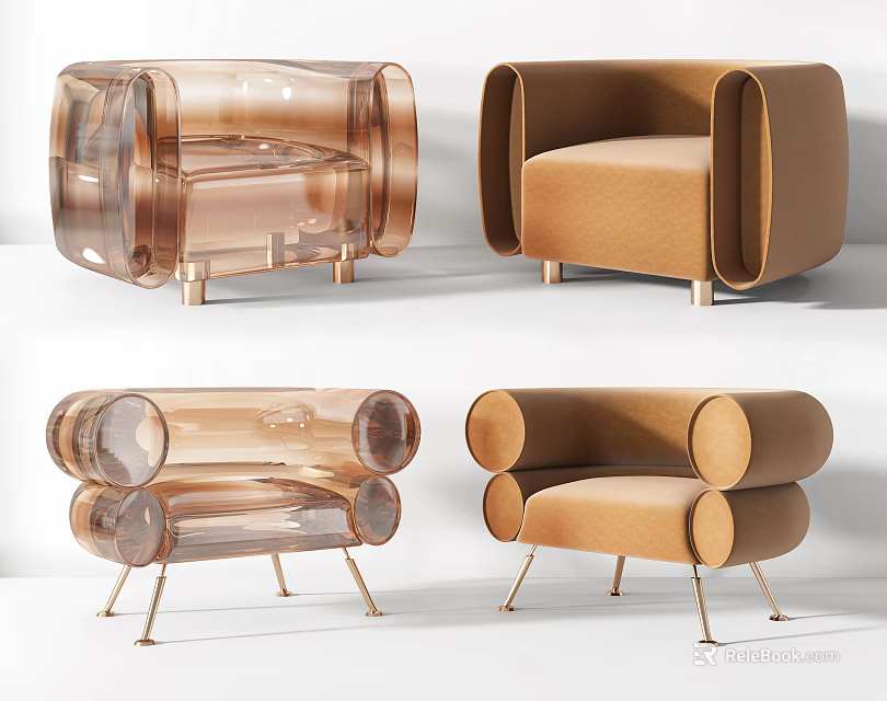 Modern Accent Chairs With Transparent And Brown Design Unique Armrests And Metal Legs 3d model 