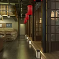 Traditional Japanese Restaurant Interior With Wooden Ceiling Washi Lanterns Wave Mural And Green Plants