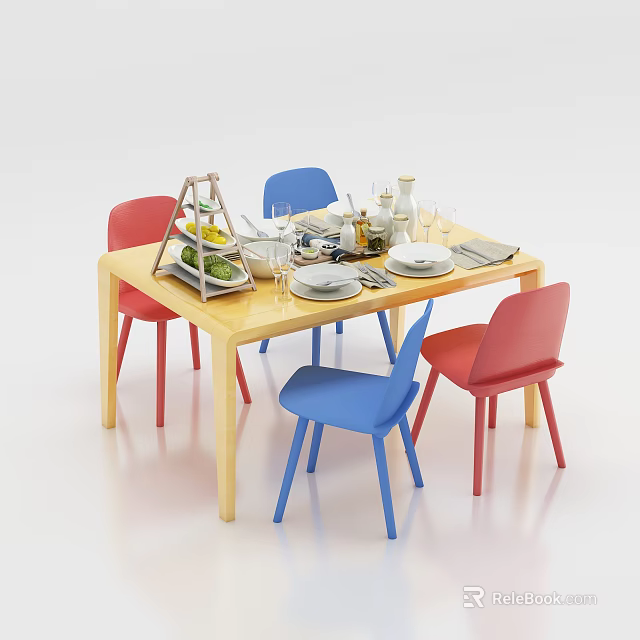 Wooden Dining Table Set With Red Blue Chairs Tableware Wine Glasses Vase Fruit Stand 3d model 