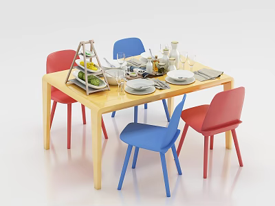 Wooden Dining Table Set With Red Blue Chairs Tableware Wine Glasses Vase Fruit Stand 3d model