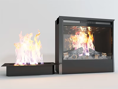 Modern Black Fireplace Design With Glass Door And Burning Wood Logs Flames 3d model