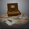 Open Wooden Cigar Box With Cigars Ashtray Lit Cigar And Newspaper On Wooden Tabletop