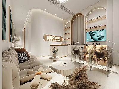 Modern Elegant Beauty Salon Interior With Sofa Area Product Shelves TV And Reception Desk 3d model