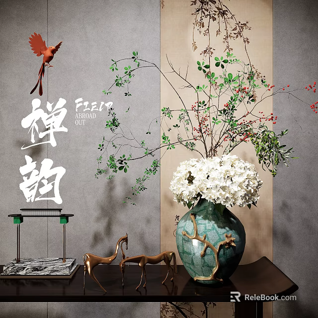 Zen Style Ornament Set With Blue Vase White Flowers Green Branches Red Bird And Golden Deer 3d model 