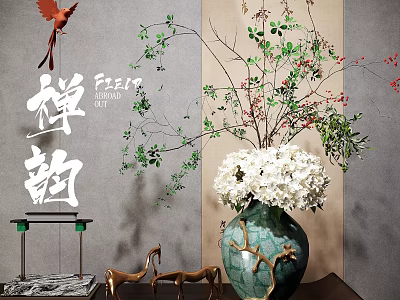 Zen Style Ornament Set With Blue Vase White Flowers Green Branches Red Bird And Golden Deer 3d model