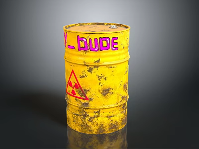 Old Yellow Rusty Barrel With Radioactive Symbol And L-bude Text 3d model