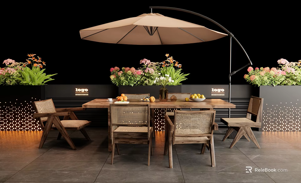 Outdoor Wooden Table with Chairs Fresh Fruits Flowers Under Large Tan Umbrella on Patio 3d model 