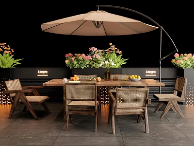 Outdoor Wooden Table with Chairs Fresh Fruits Flowers Under Large Tan Umbrella on Patio 3d model