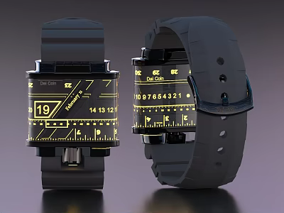 Black Digital Watch With Square Dial Yellow Display And Rubber Strap Modern Design 3d model