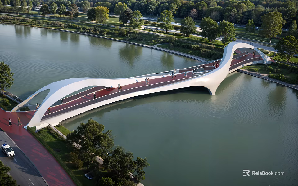 Modern White Arched Bridge Spanning River With Pedestrians Green Trees And Natural Surroundings 3d model 