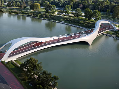 Modern White Arched Bridge Spanning River With Pedestrians Green Trees And Natural Surroundings 3d model
