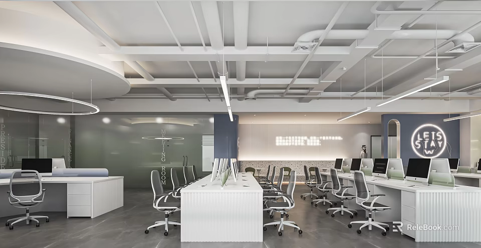 Modern Public Office Space Interior With Open Layout White Desks And Ergonomic Office Chairs 3d model 