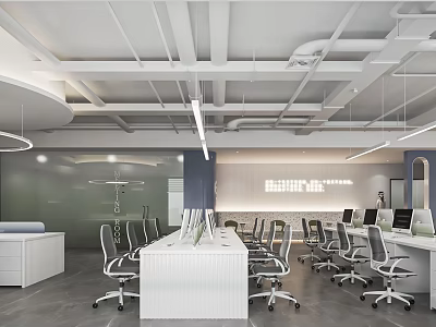 Modern Public Office Space Interior With Open Layout White Desks And Ergonomic Office Chairs 3d model