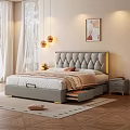 Modern Bedroom Interior With Tufted Headboard Underbed Drawers Nightstand And Wall Art