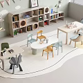 Playful Kids Room Interior With Curved Bookshelves Colorful Tables Chairs And Round Rug