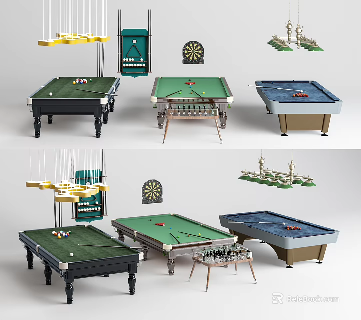 Sports Equipment Collection Featuring Various Billiard Tables And Dartboards For Game Rooms 3d model 