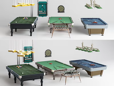Sports Equipment Collection Featuring Various Billiard Tables And Dartboards For Game Rooms 3d model