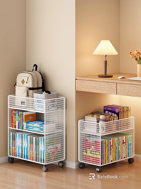 Cozy Study Room Interior With White Grid Shelves Books Backpack And Table Lamp 3d model 