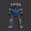 3D Robot Character Design with Blue Purple Accents Red Glowing Eyes and Metallic Limbs