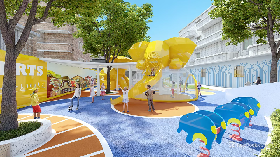 Outdoor Kids Play Area With Yellow Elephant Slide Children Playing Colorful Floor And Surrounding Trees 3d model 