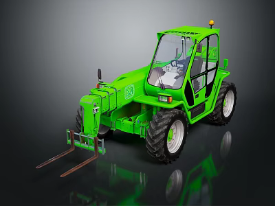 Green Industrial Forklift With Cab Large Tires And Front Forks For Material Handling 3d model