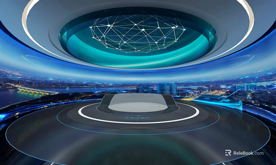 Futuristic Studio Interior With Central Control Desk Network Structure And City Night View 3d model 
