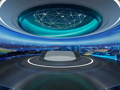 Futuristic Studio Interior With Central Control Desk Network Structure And City Night View 3d model
