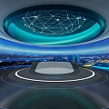 Futuristic Studio Interior With Central Control Desk Network Structure And City Night View 3d model