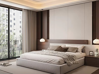Modern Bedroom Interior With Wooden Headboard Wall Lamps Large Windows And Light Colored Bedding 3d model