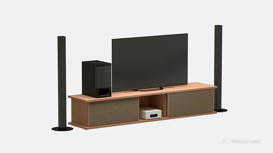 Wooden TV Stand With Flat Screen TV Speakers And Media Storage Compartment 3d model 